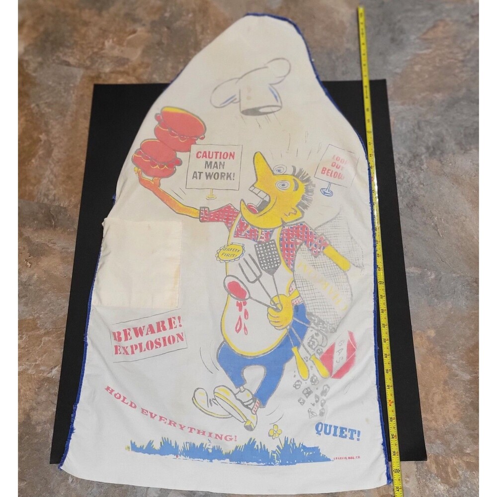 Vintage 1960's Chef's cooks cartoon apron BBQ grill barbeque charcoal well loved